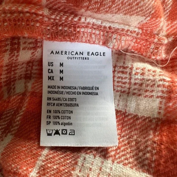American Eagle Women's M Orange White Plaid Cropped Flannel Button Down Shirt - Picture 5 of 11